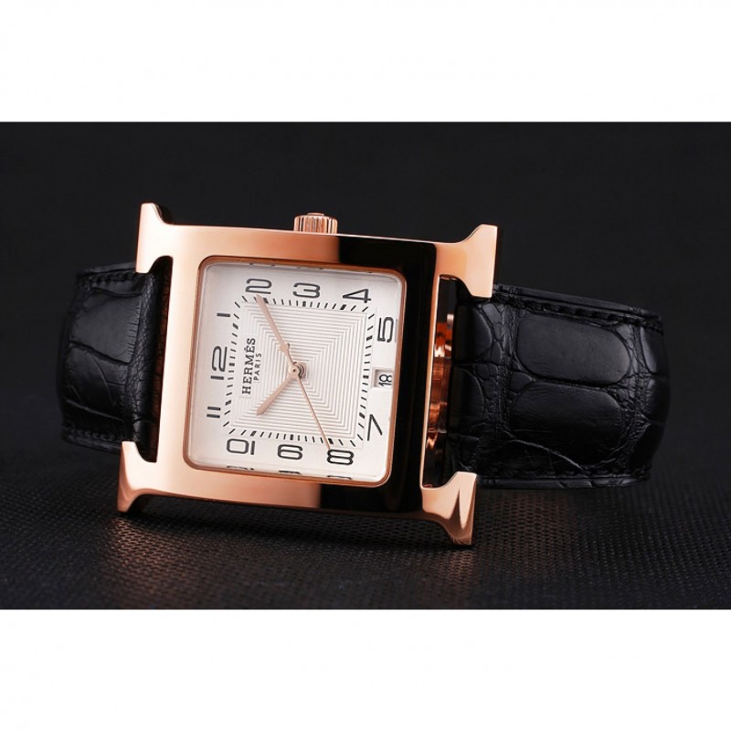 Hermes Heure H White Dial Gold Case Black Leather Strap-3
