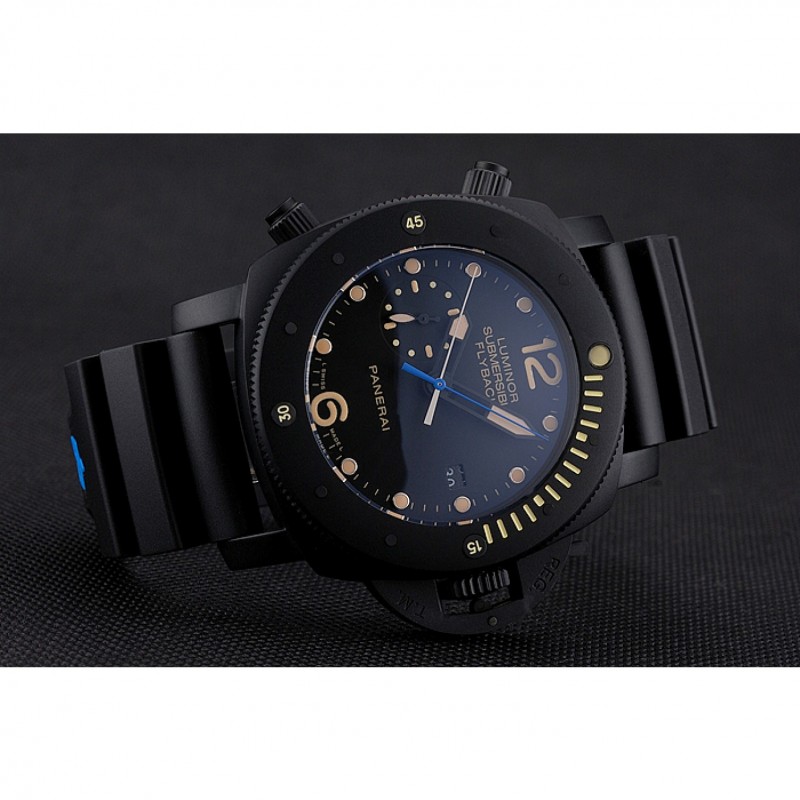 Panerai Luminor Submersible Flyback Date Black Dial Yellow Markings Black Ionized Case Black Rubber Strap-3