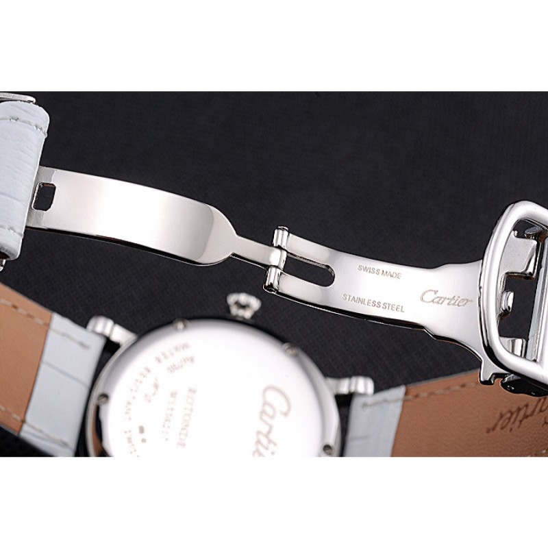 High Quality Replica Watches Cartier Ronde Second Time Zone White Dial Stainless Steel Case With Diamonds White Leather Strap 622803-6