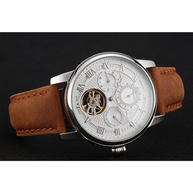 Patek Philippe Grand Complications Day Date Tourbillon Whie Dial Stainless Steel Case Brown Suede Leather Strap 1453817-4