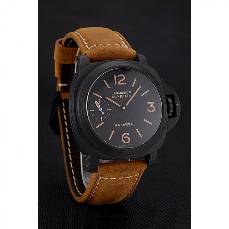 Swiss Panerai Luminor Marina Black Dial Black Case Brown Leather Strap-2