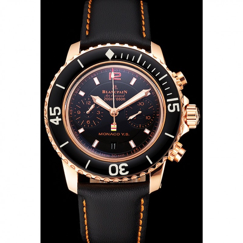 High Quality Swiss Blancpain Air Command Monaco YS Black Dial Rose Gold Case Black Leather Strap-1