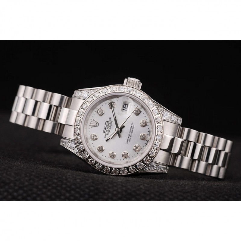 High End Replica Watches Rolex DateJust Brushed Stainless Steel Diamond Plated Case White Dial Diamond Plated Bezel-3