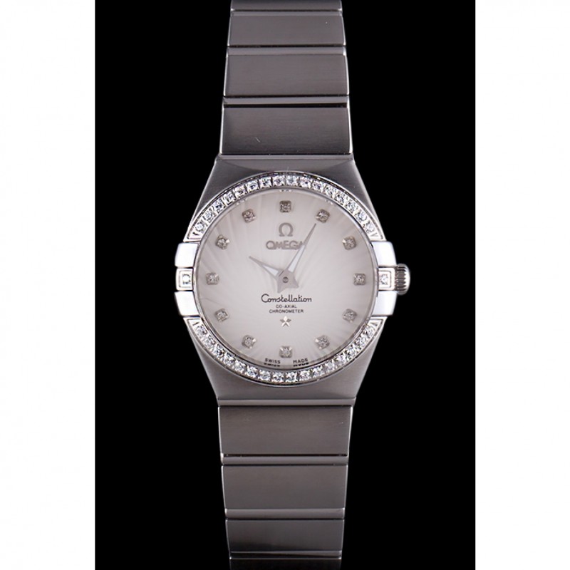 AAA Swiss Lady Omega Constellation Crystal Encrusted Bezel Silver Radial Dial 80291-1