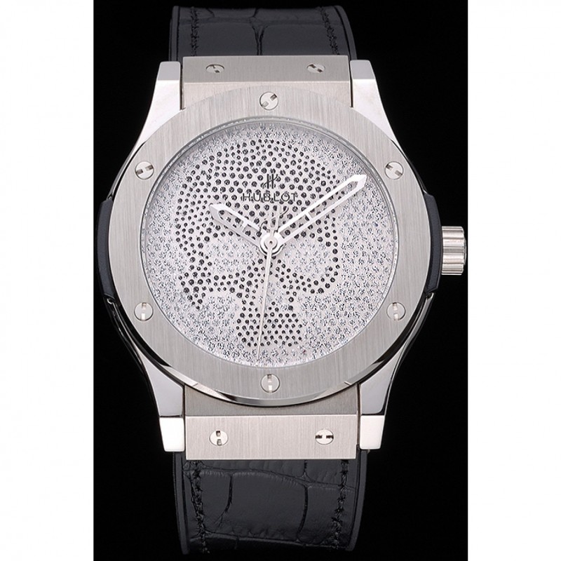 Hublot Classic Fusion Diamond Skull Dial Stainless Steel Case Black Leather Strap 622814-1