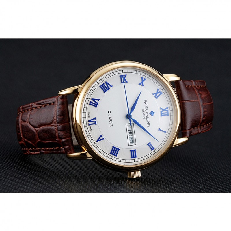 Luxury Patek Philippe Calatrava White Dial Blue Roman Numerals Gold Case Brown Leather Bracelet 1454057-3