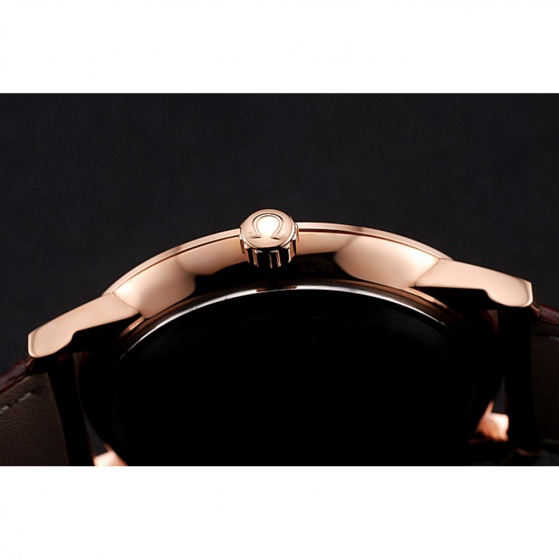 Omega De Ville Prestige White Dial Rose Gold Case Brown Leather Strap-8