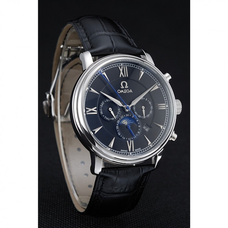 Omega De Ville Moonphase Black Dial Silver Case Black Leather Bracelet 1454225-2