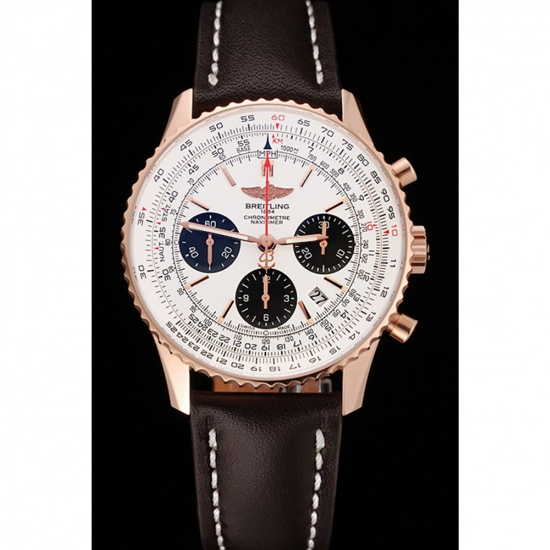 Swiss Breitling Navitimer 01 White Dial Black Subdials Rose Gold Case Brown Leather Strap-1