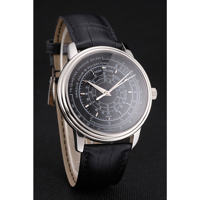 Cheap Swiss Patek Philippe Multi-Scale Chronograph Black Dial Stainless Steel Case Black Leather Strap-2