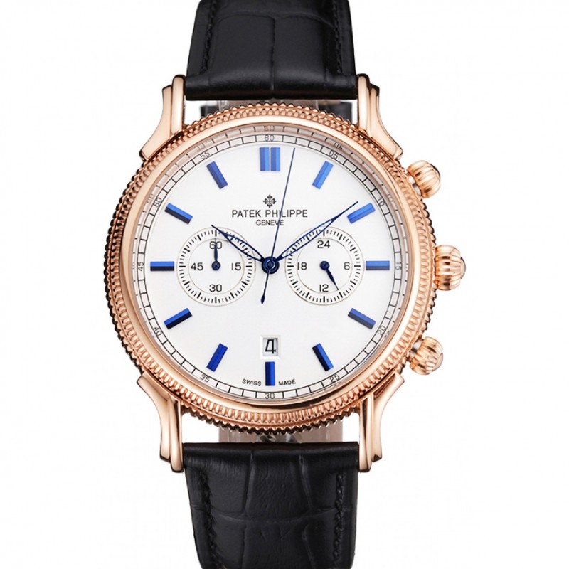 High End Replica Watches Patek Philippe Chronograph White Dial Blue Markings Rose Gold Case Black Leather Strap-0