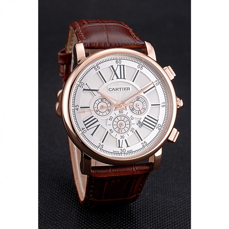 Cartier Rotonde Chronograph White Dial Rose Gold Case Brown Leather Strap-2