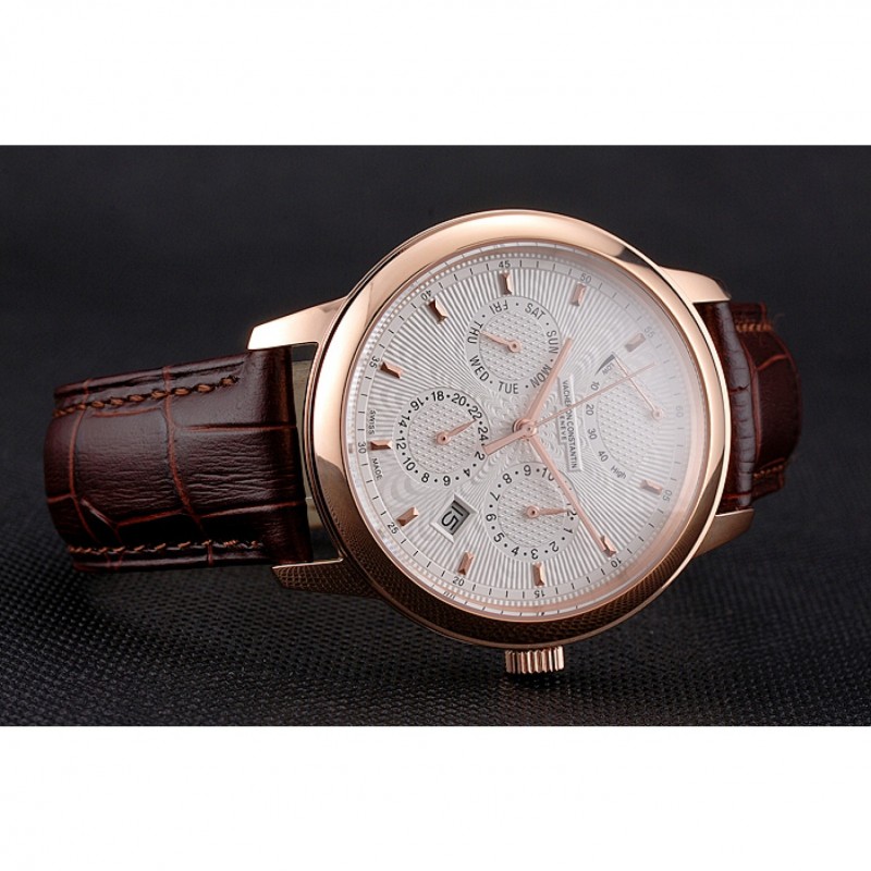 Swiss Vacheron Constantin Traditionnelle Power Reserve White Dial Rose Gold Case Brown Leather Strap-3