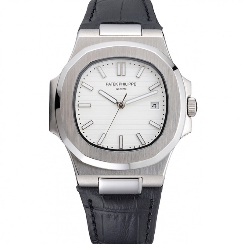 Patek Philippe Nautilus White Dial Brushed Stainless Steel Case Black Leather Strap-0