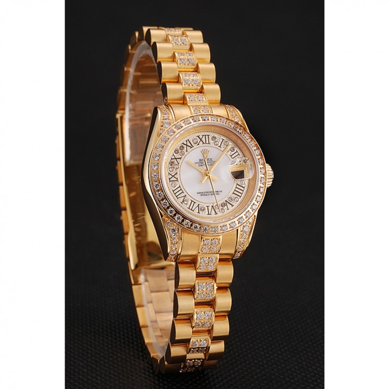 Swiss Rolex DayJust Diamond Pave White Dial Gold Diamond Bracelet 1453957-1