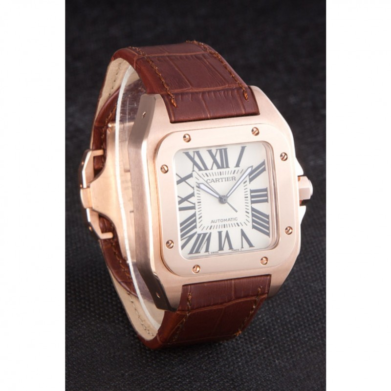 Swiss Cartier Santos Rose Gold with Brown Leather Strap 621522-2