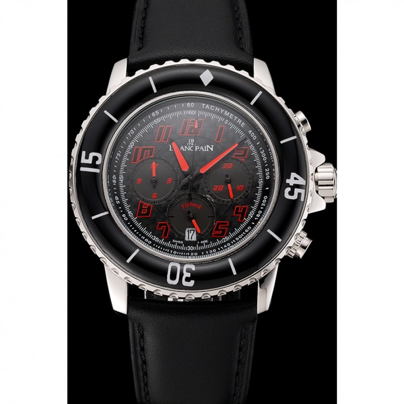 Blancpain Fifty Fathoms Speed Command Carbon Fiber Dial With Red Markings Stainless Steel Case Black Leather Strap 1453774-1