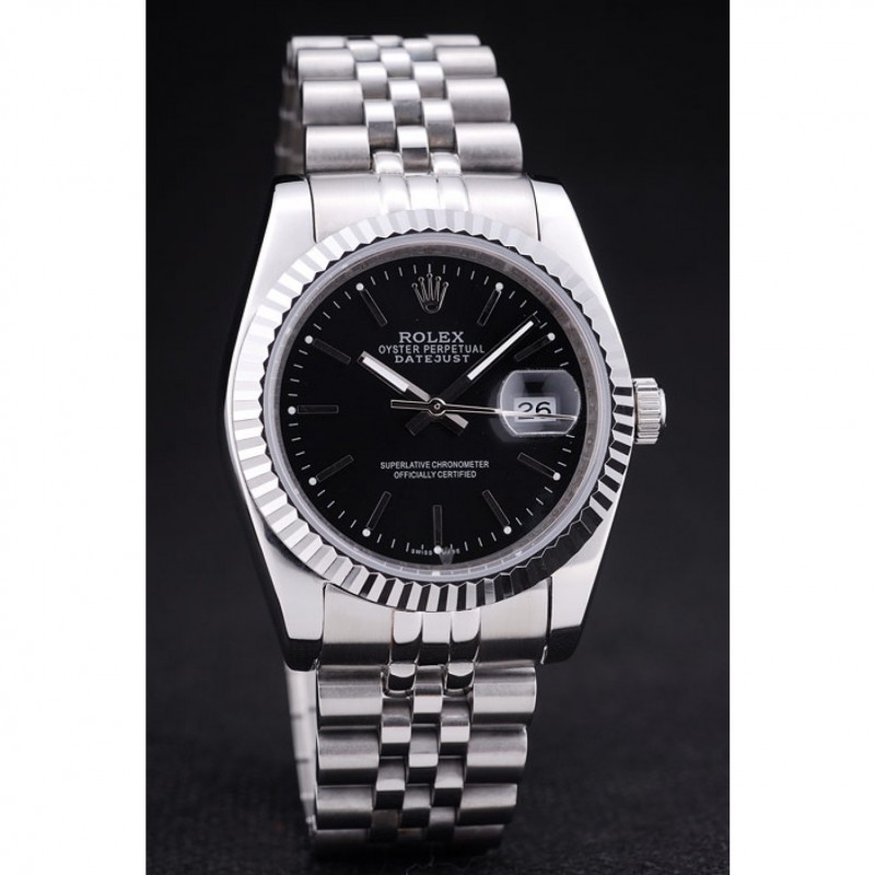 SS Replica Watches Rolex Datejust Black Dial Diamonds Ribbed Bezel 7456-2