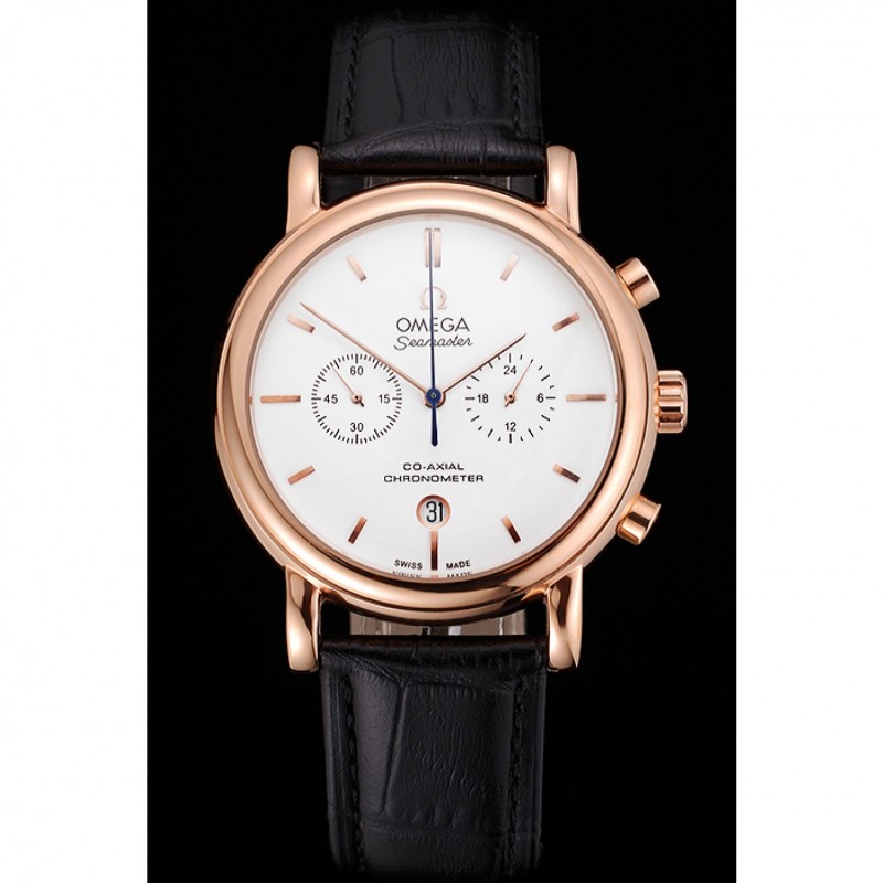 SS Replica Watches Omega Seamaster Vintage Chronograph White Dial Rose Gold Case Black Leather Strap-1