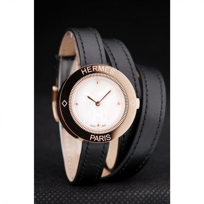 Hermes Classic MOP Dial Black Elongated Leather Strap-2