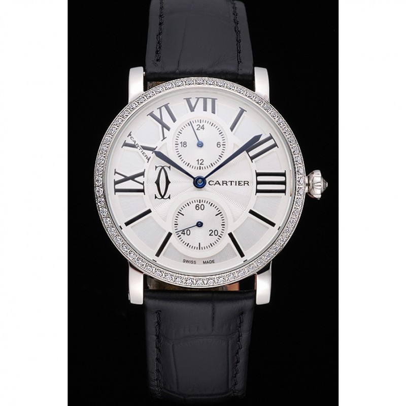 SS Cartier Ronde Second Time Zone White Dial Stainless Steel Case With Diamonds Black Leather Strap 622804-1