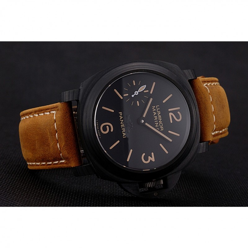 Swiss Panerai Luminor Marina Black Dial Black Case Brown Leather Strap-3