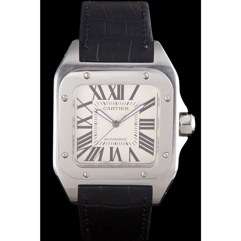 Swiss Cartier Santos Stainless Steel Bezel with Black Leather Strap 621524-1