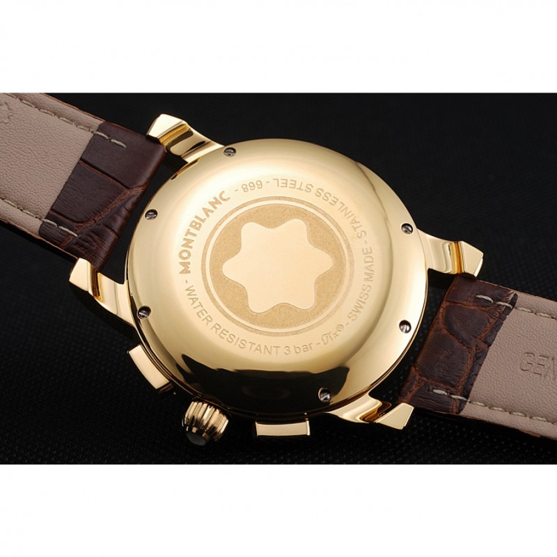 Cheap Replica Watches Montblanc Chronograph White Dial Brown Leather Bracelet Gold Case 1454113-5