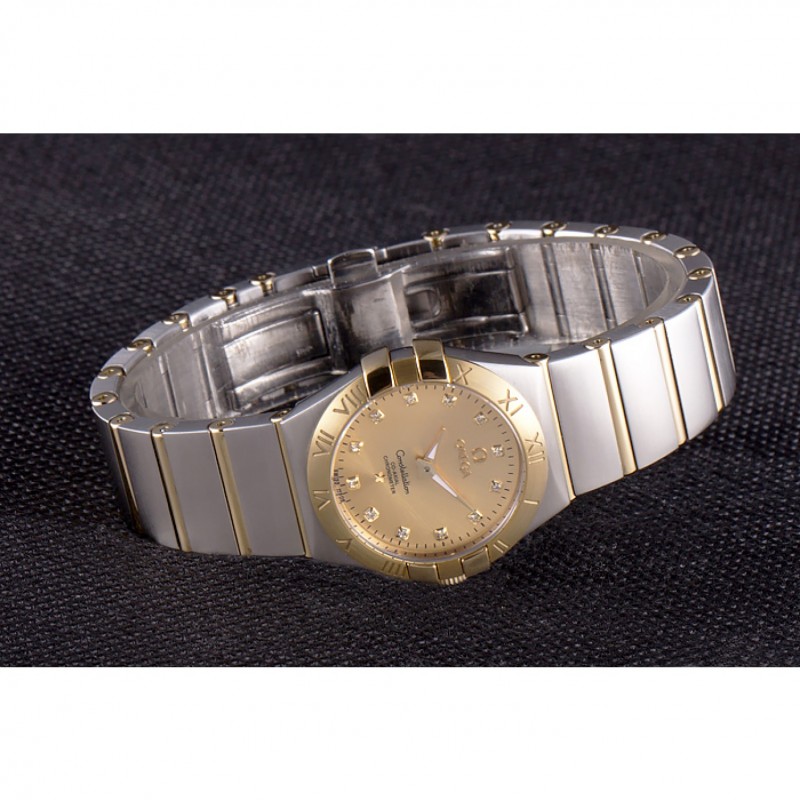 Swiss Lady Omega Constellation Stainless Steel Bracelet Golden Dial 80292-3