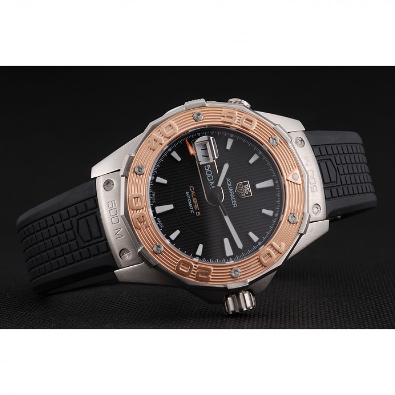 Cheap Swiss Tag Heuer Aquaracer Calibre 5 Black Dial Gold Bezel Stainless Steel Case Black Rubber Strap-4