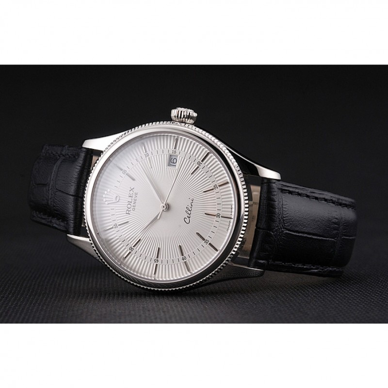 Swiss Rolex Cellini Date White Dial Stainless Steel Case Black Leather Strap-4