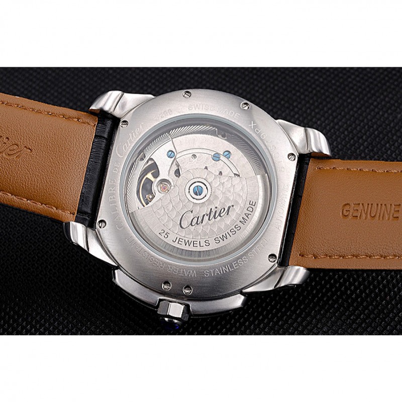 High End Replica Watches Cartier Calibre Tourbillon Black Dial Stainless Steel Case Black Leather Strap 622752-8