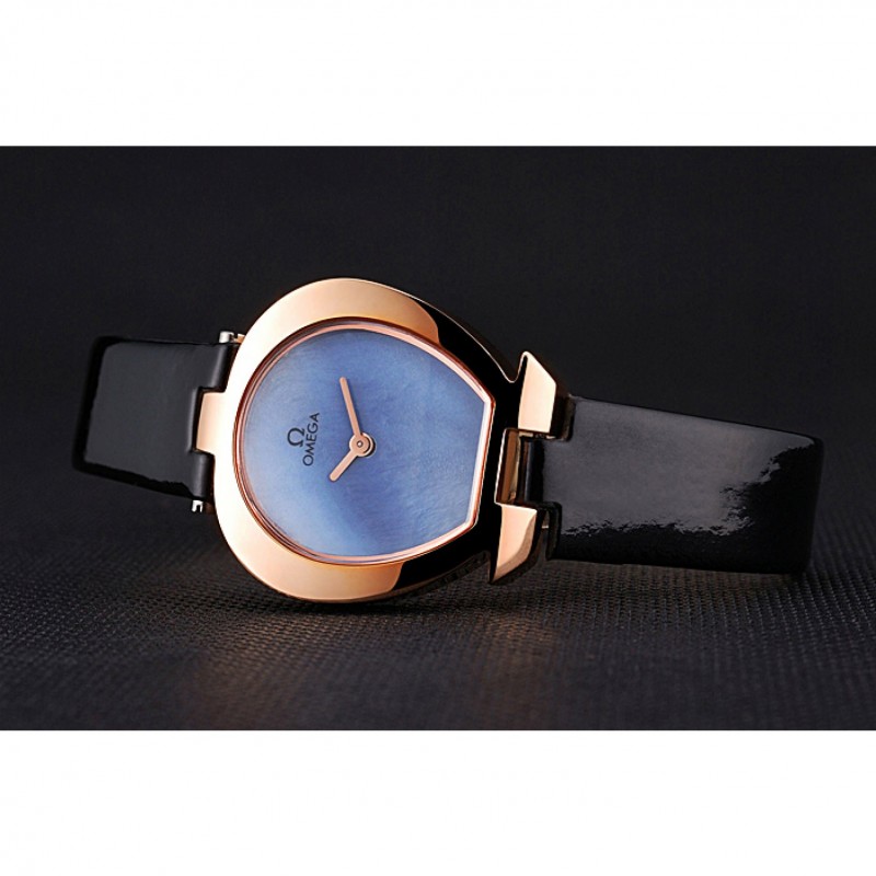 Omega Ladies Watch Sky Blue Dial Gold Case Black Leather Strap 622821-3