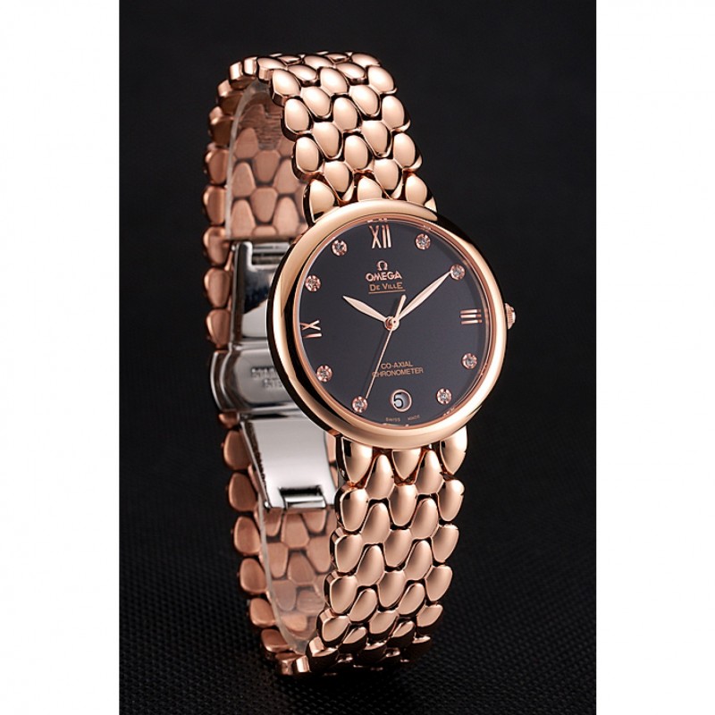 High Quality Omega De Ville Prestige Black Dial With Diamonds Rose Gold Case And Bracelet-2