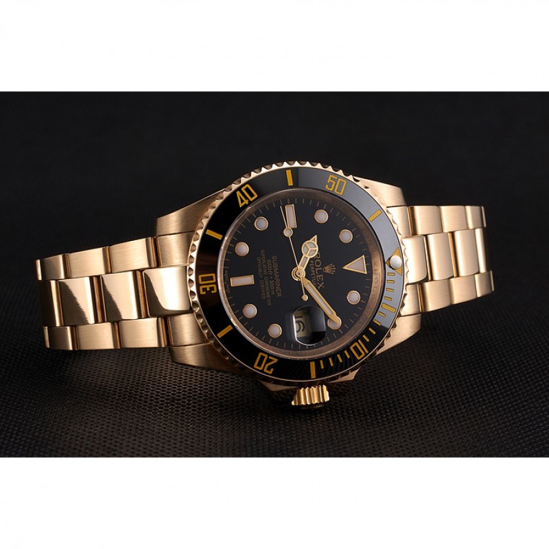 Swiss Rolex Submariner Black Dial Black Bezel Yellow Gold Case And Bracelet-4