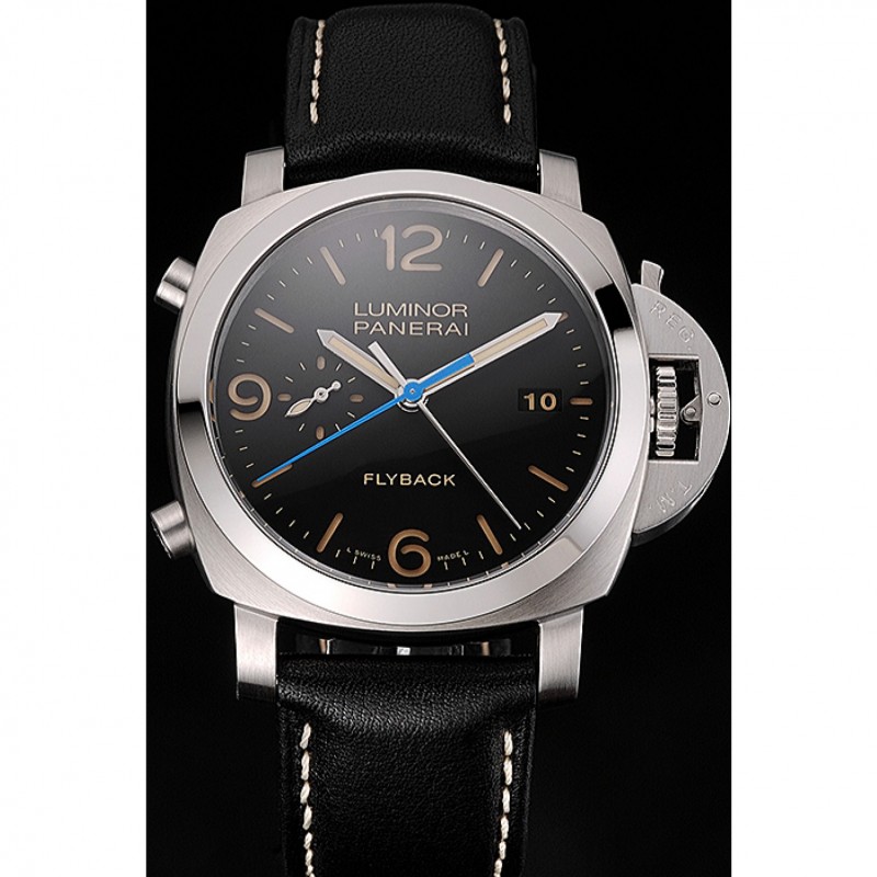 Luxury Replica Watches Swiss Panerai Luminor Flyback Chronograph Black Dial Stainless Steel Case Black Leather Strap-1