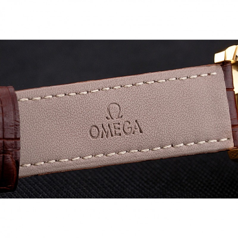 SS Replica Watches Omega Chronograph Gold Dial Gold Case Brown Leather Strap-6