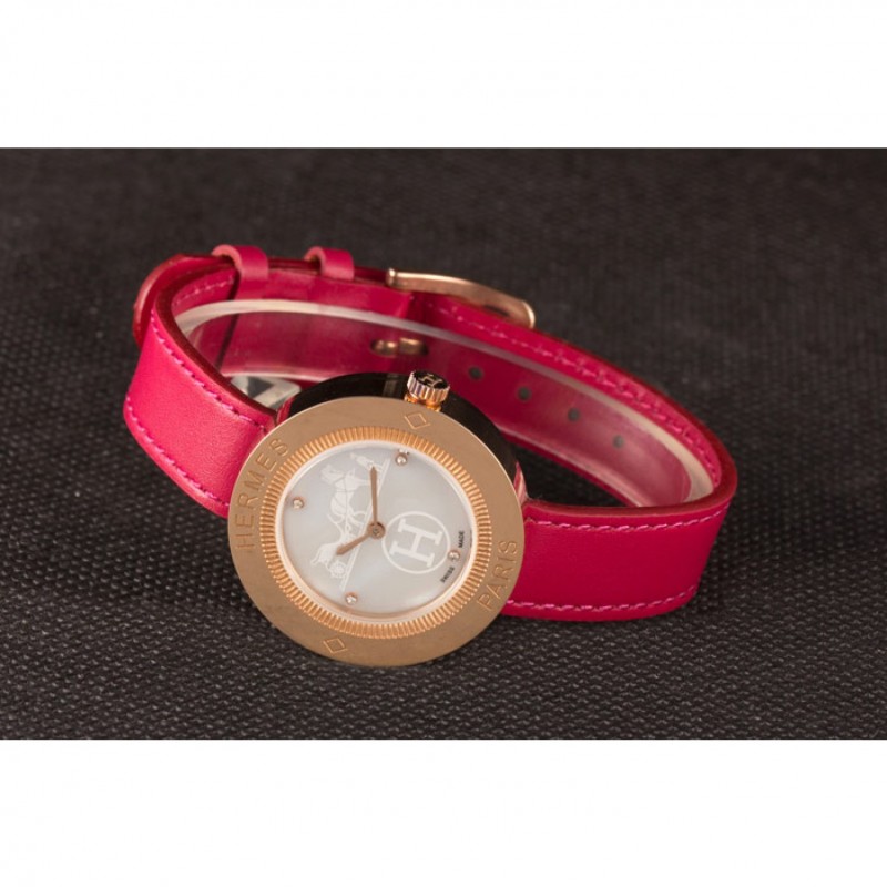 Hermes Classic MOP Dial Magenta Leather Bracelet 801388-5