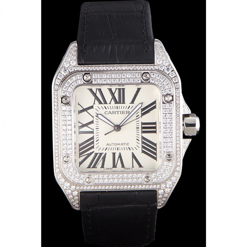 Swiss Cartier Santos Silver Bezel with Diamonds and Black Leather Strap sct47 621531-1