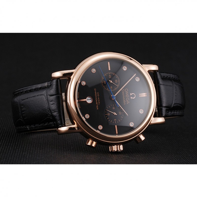 Omega Seamaster Vintage Chronograph Black Dial Diamond Hour Marks Rose Gold Case Black Leather Strap-4