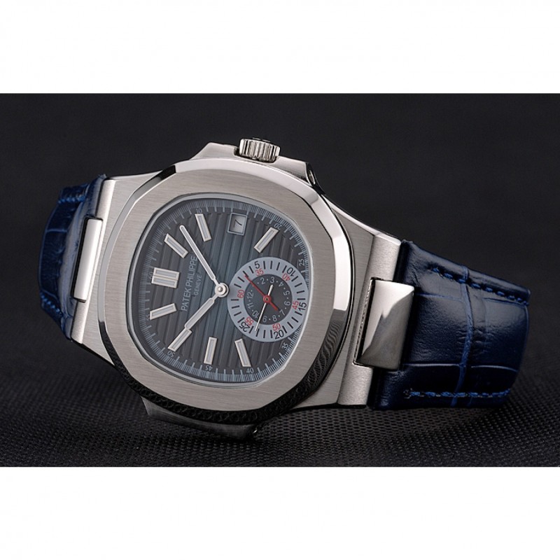 AAA Replica Watches Patek Philippe Nautilus Blue Dial Stainless Steel Case Blue Leather Strap-4