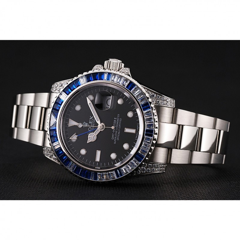 Cheap Replica Watches Swiss Rolex GMT Master II Black Dial Stone Set Bezel Stainless Steel Case And Bracelet 1453747-3