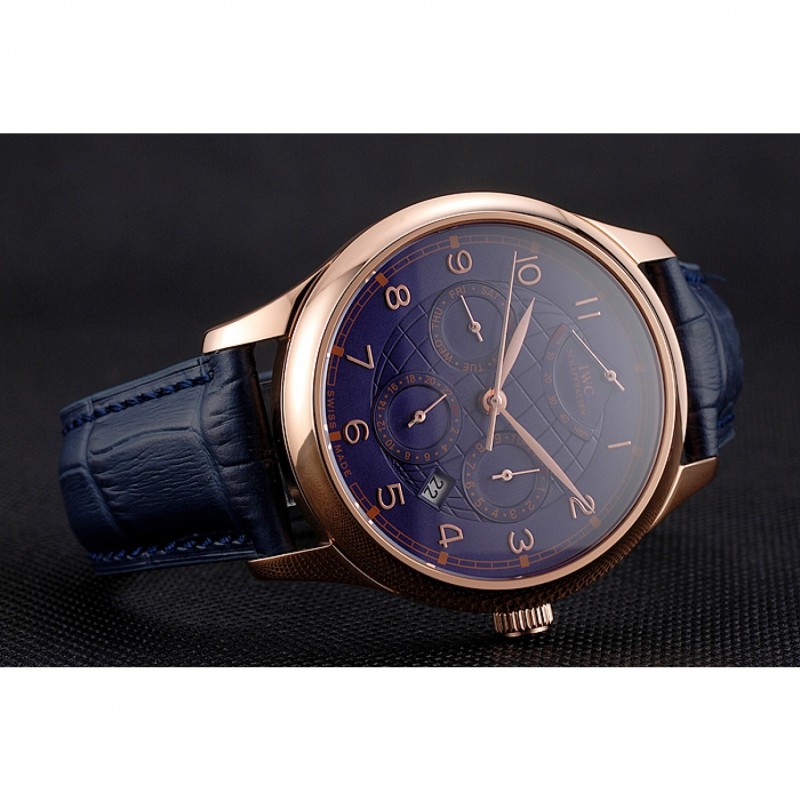 Cheap Replica Watches Swiss IWC Portugieser Power Reserve Blue Dial Rose Gold Case Blue Leather Strap-4