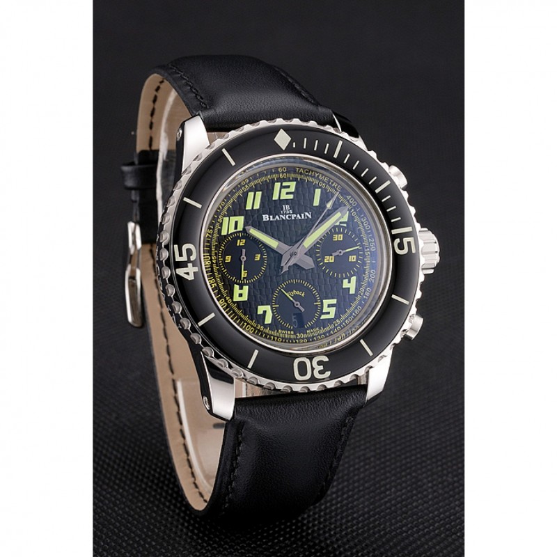 Swiss Blancpain Fifty Fathoms Flyback Chronograph Carbon Fiber Dial Stainless Steel Case Black Leather Strap-2