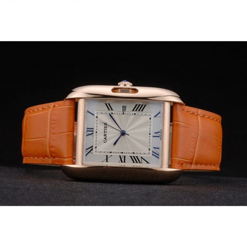 SS Cartier Tank Anglaise 36mm White Dial Gold Case Orange Leather Bracelet-4