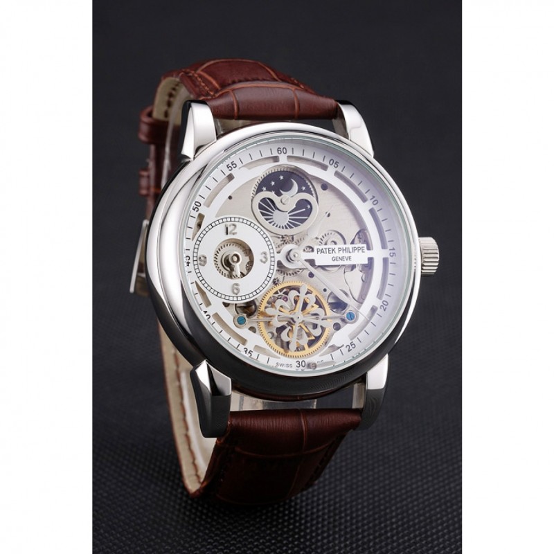 Patek Philippe Dual Time Moonphase Tourbillon White Skeletonised Dial Stainless Steel Case Brown Leather Strap-2
