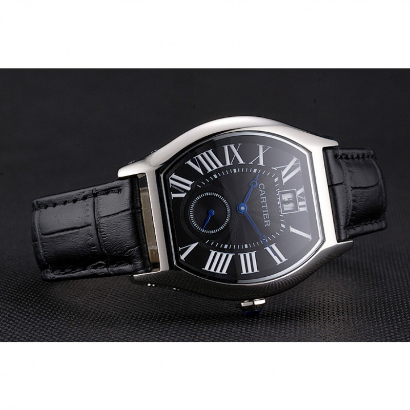 Cartier Tortue Large Date Black Dial Stainless Steel Case Black Leather Strap-4
