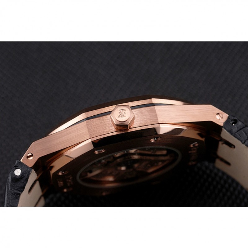 Swiss Audemars Piguet Royal Oak Black Dial Gold Case With Diamonds Black Leather Strap-8