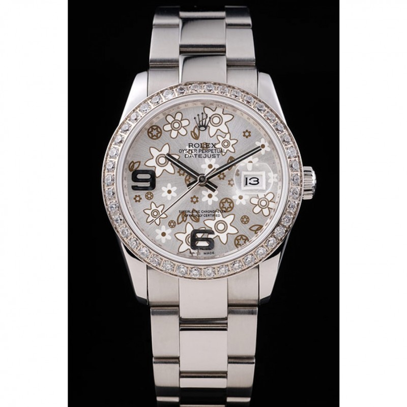Rolex Datejust Stainless Steel Silver Flowers Dial Diamond Plated rl305-1