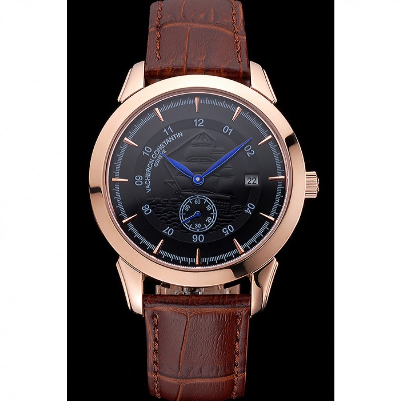 Vacheron Constantin Traditionnelle Black Ship Dial Rose Gold Case Brown Leather Strap-1